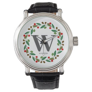 Rustic Winter Christmas Monogram Initial Wreath Watch