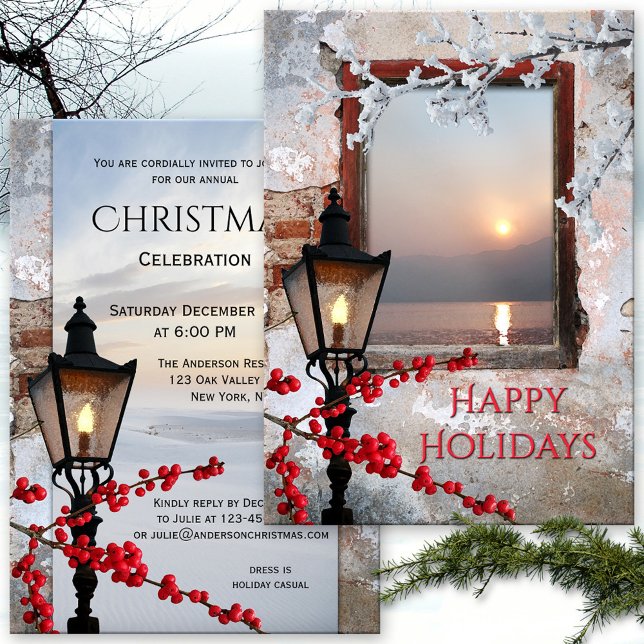 Rustic Winter Christmas Party Invitation (A bohemian chic rustic winter or Christmas party invitation with antique lantern)