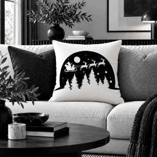 Rustic Winter Christmas Scene Black White Pillow A