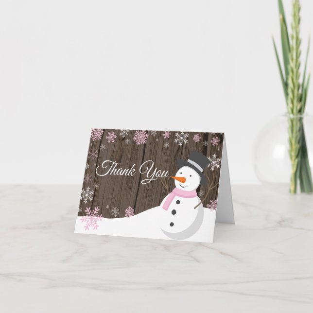Rustic Winter Christmas Snowman Pink Thank You Card (Front)