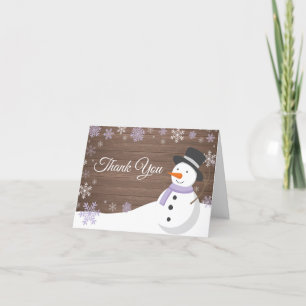 Rustic Winter Christmas Snowman Purple Thank You Card