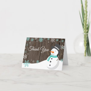 Rustic Winter Christmas Snowman Teal Thank You Card