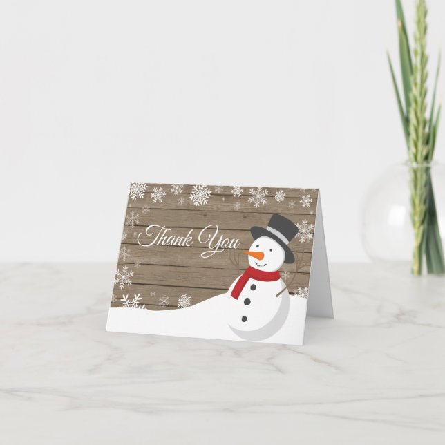 Rustic Winter Christmas Snowman Thank You Card (Front)