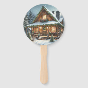 Rustic Winter/Christmas snowy cabin Hand Fan
