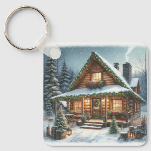 Rustic Winter/Christmas snowy cabin Key Ring