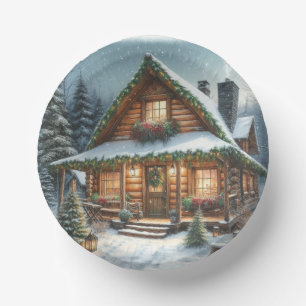Rustic Winter/Christmas snowy cabin Paper Plate