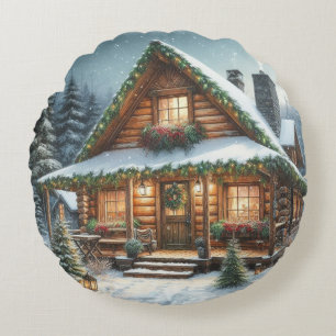 Rustic Winter/Christmas snowy cabin Round Cushion