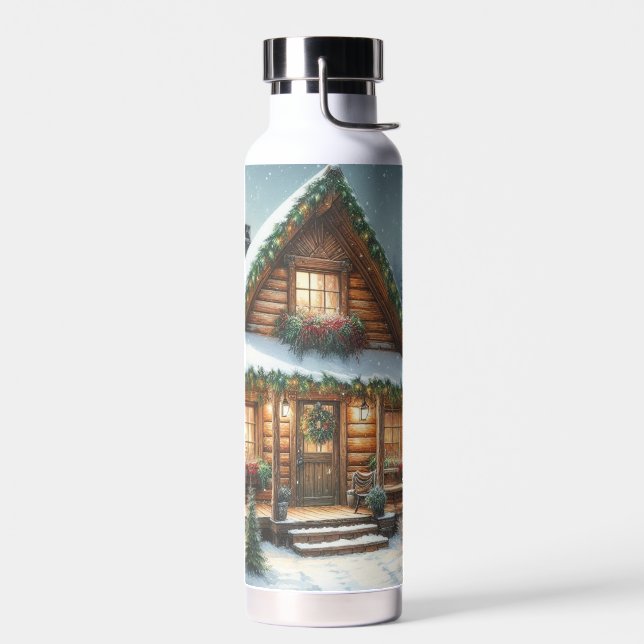 Rustic Winter/Christmas snowy cabin Water Bottle (Left)