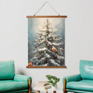 Rustic Winter Christmas Tree Snowy Red Birds Hanging Tapestry