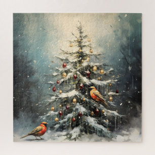 Rustic Winter Christmas Tree Snowy Red Birds Jigsaw Puzzle