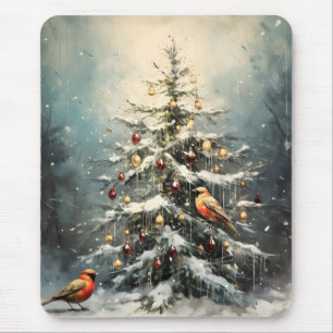 Rustic Winter Christmas Tree Snowy Red Birds Mouse Mat