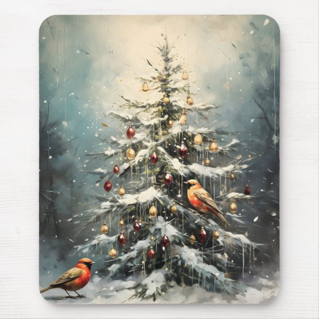 Rustic Winter Christmas Tree Snowy Red Birds  Mouse Mat (Front)