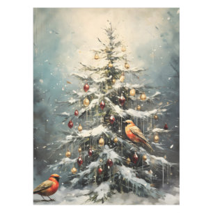 Rustic Winter Christmas Tree Snowy Red Birds Tablecloth
