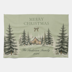Rustic Winter Cottage Family Merry Christmas Olive Tea Towel