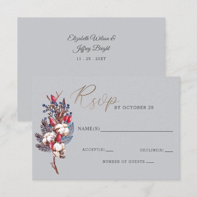 Rustic Winter Cotton Blue Red Berries Wedding  RSVP Card (Front/Back)
