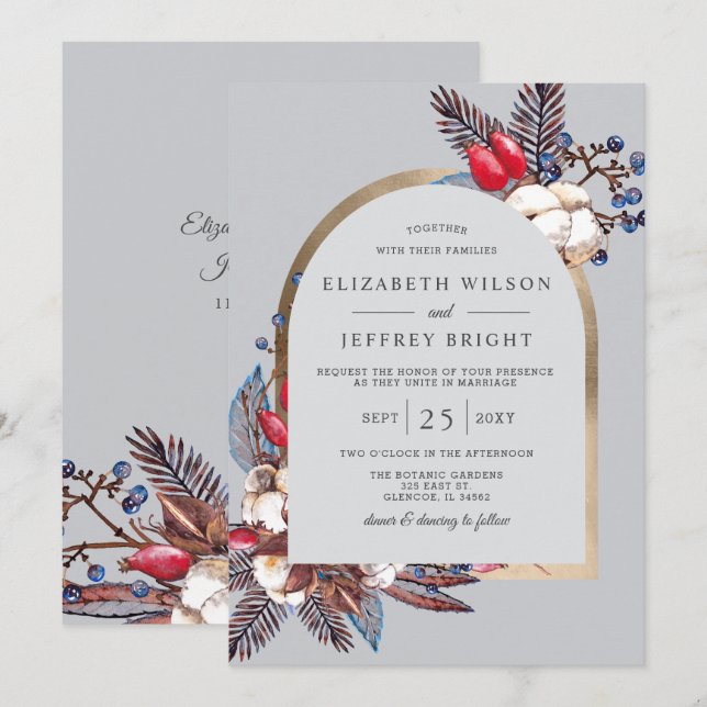 Rustic Winter Cotton Red Berries Arched Wedding  Invitation (Front/Back)