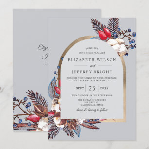 Rustic Winter Cotton Red Berries Arched Wedding  Invitation