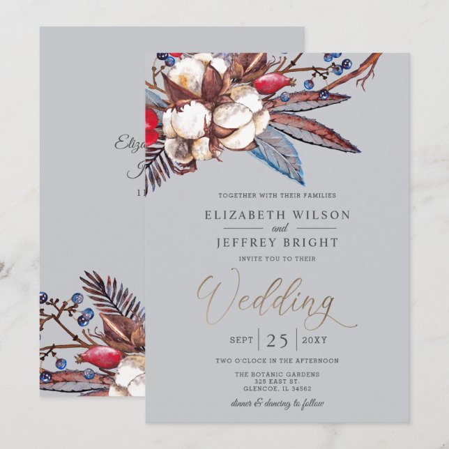 Rustic Winter Cotton Red Berries Gold Wedding  Invitation (Front/Back)
