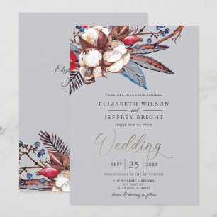 Rustic Winter Cotton Red Berries Gold Wedding  Invitation