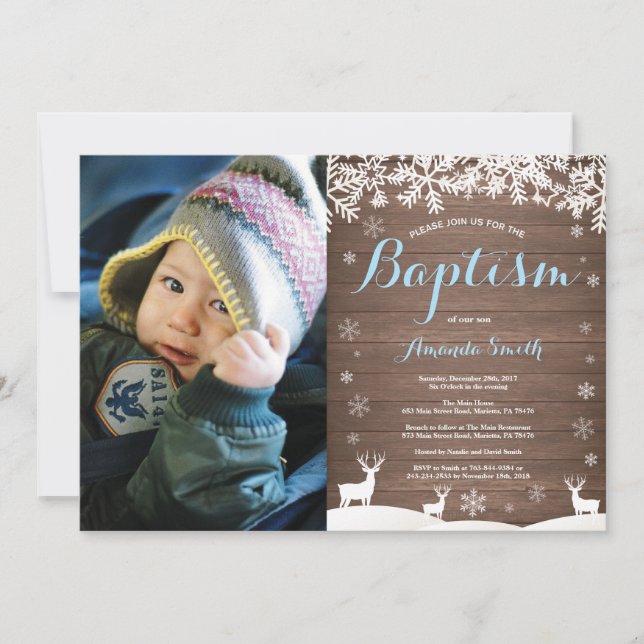 Rustic Winter Deer Baptism Boy Photo Invitation (Front)