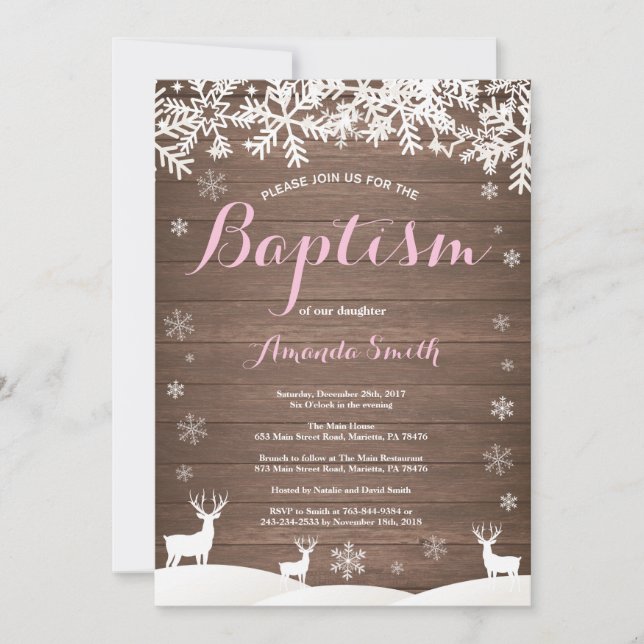 Rustic Winter Deer Girl Baptism Invitation (Front)