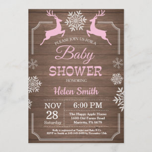Rustic Winter Deer Snowflake Girl Baby Shower Invitation