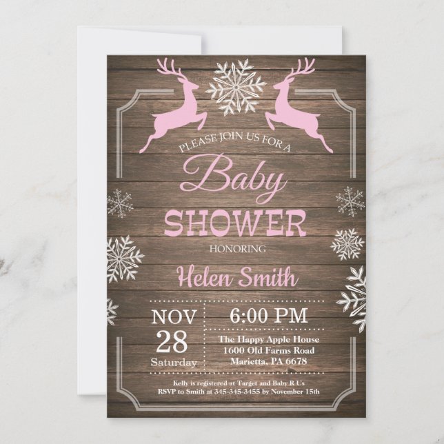 Rustic Winter Deer Snowflake Girl Baby Shower Invitation (Front)