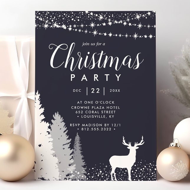 Rustic Winter Deer Woodland Blue Christmas Party Invitation (Creator Uploaded)