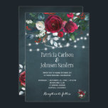 Rustic winter elegant floral Christmas wedding Invitation<br><div class="desc">Rustic winter seasonal wedding invitation template on a dark navy blue chalkboard featuring a beautiful rdark red burgundy and white peony roses bouquet with hunter pine green foliage, strings of white twinkle lights and a chic typography script. Easy to personalise with your details! The invitation is suitable for elegant winter...</div>