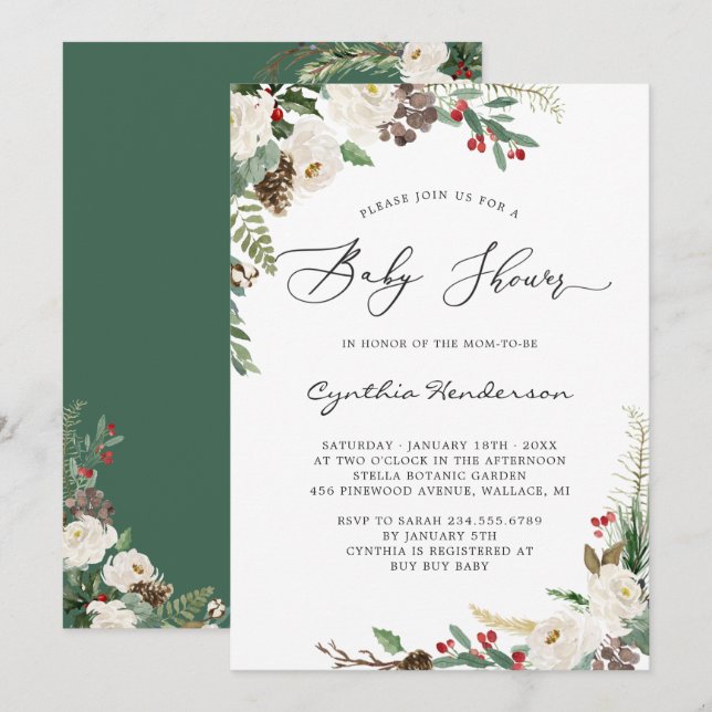 Rustic Winter Eucalyptus Floral Baby Shower Invitation (Front/Back)