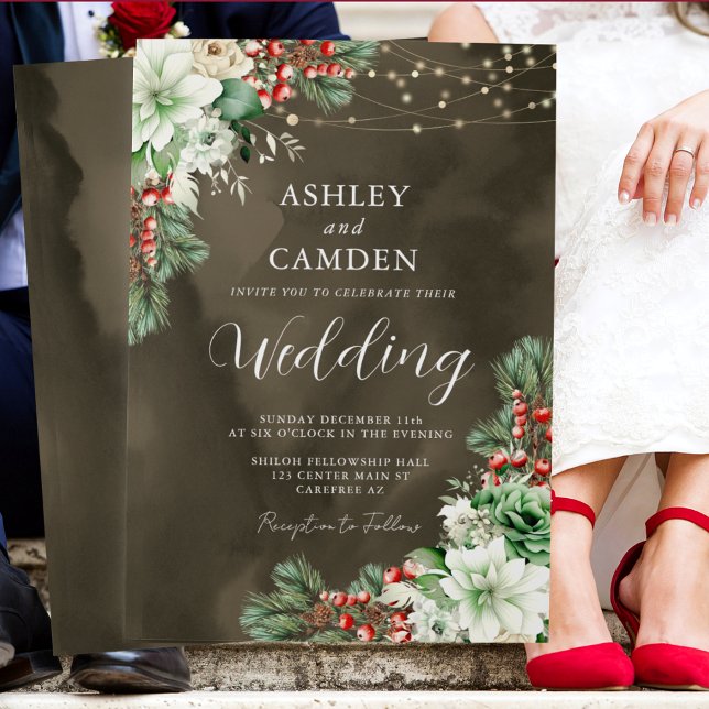 Rustic Winter Evergreen and Berries Wedding Invitation (Creator Uploaded)
