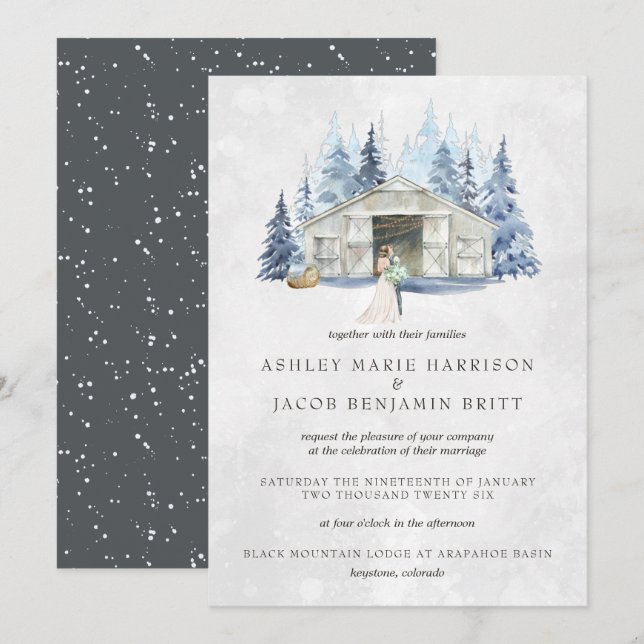 Rustic Winter Evergreen Barn Wedding Invitation (Front/Back)