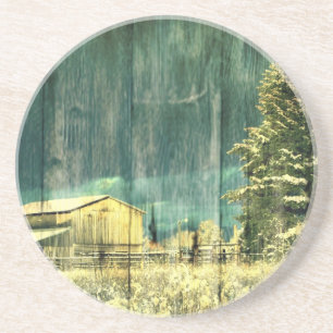 Rustic winter evergreen old barnwood cottage cabin coaster