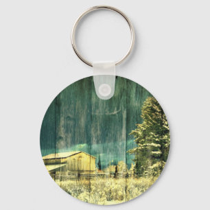 Rustic winter evergreen old barnwood cottage cabin key ring