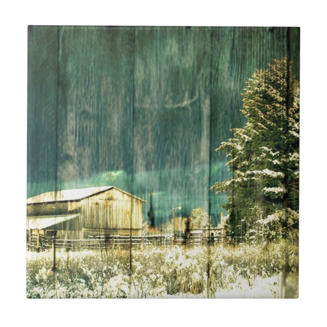 Rustic winter evergreen old barnwood cottage cabin tile (Front)