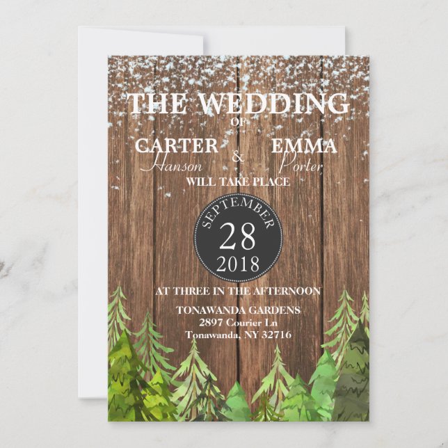 Rustic Winter Evergreen Snow Wedding Invitation (Front)