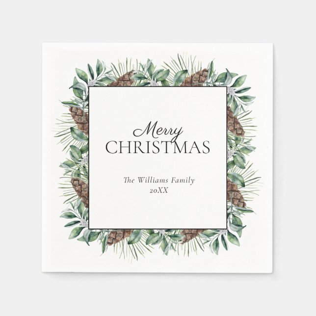 Rustic Winter Fir Cone Merry Christmas Napkin (Front)