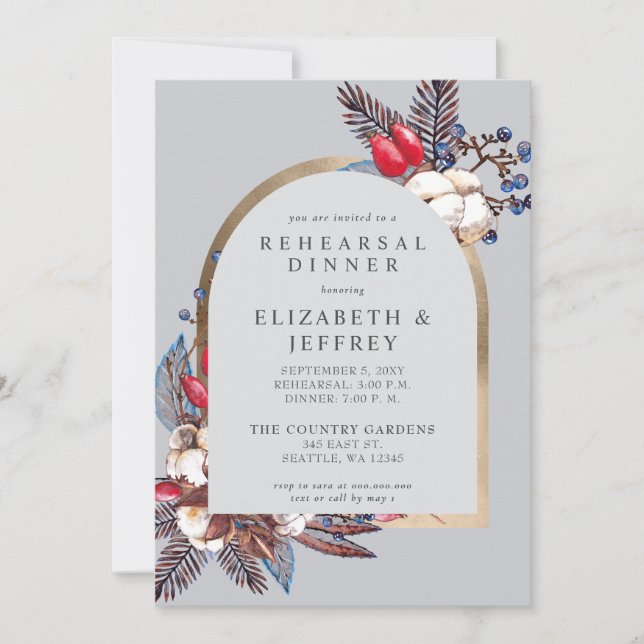 Rustic Winter Floral Arched Rehearsal Dinner  Invitation (Front)