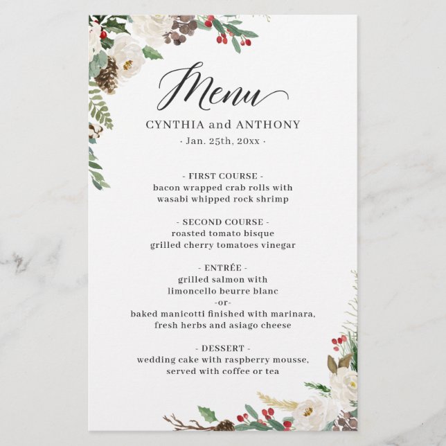 Rustic Winter Floral Berries Wedding Dinner Menu (Front)