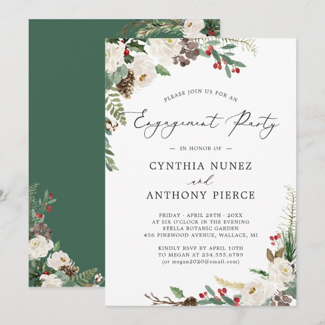 Rustic Winter Floral Chic Holiday Engagement Party Invitation (Front/Back)