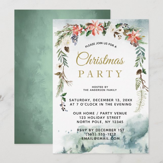 Rustic Winter Floral Forest Christmas Party Invitation (Front/Back)