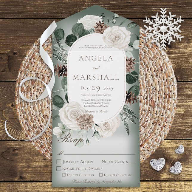 Rustic Winter Floral Green Dinner All In One Invitation (Creator Uploaded)