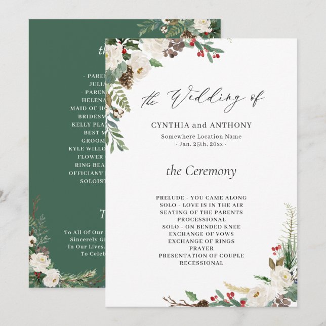 Rustic Winter Floral Holly Berries Wedding Programme (Front/Back)