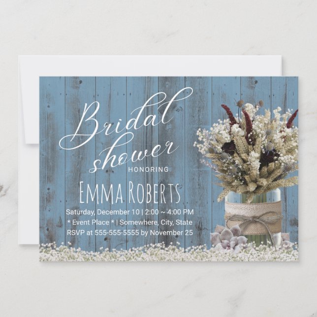 Rustic Winter Floral Jar Dusty Blue Bridal Shower Invitation (Front)