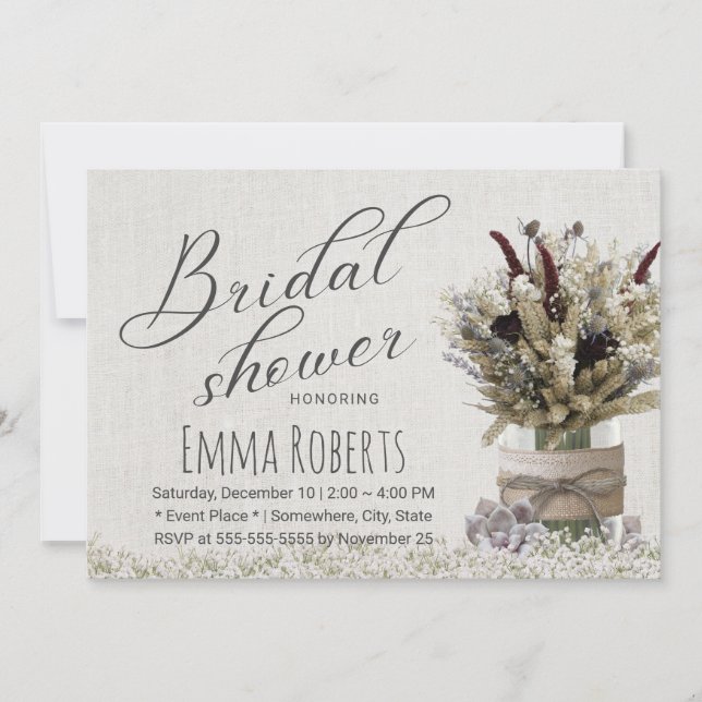 Rustic Winter Floral Jar Linen Bridal Shower Invitation (Front)