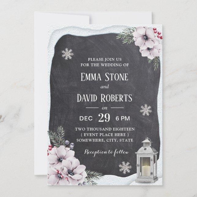 Rustic Winter Floral Lantern Chalkboard Wedding Invitation (Front)