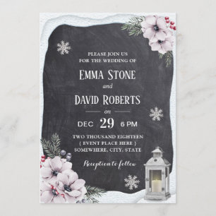 Rustic Winter Floral Lantern Chalkboard Wedding Invitation