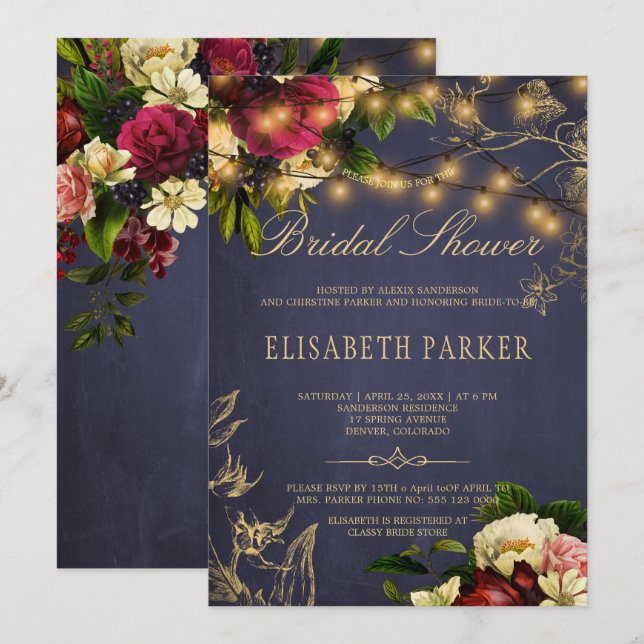 Rustic winter floral navy burgundy bridal shower invitation (Front/Back)