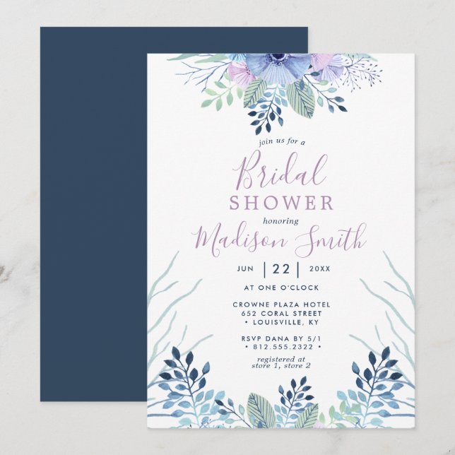 Rustic Winter Floral Navy Watercolor Bridal Shower Invitation (Front/Back)
