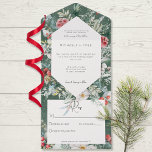 Rustic Winter Floral Pine Emerald No Dinner All In One Invitation<br><div class="desc">AVAILABLE WITH OR WITHOUT A QR CODE TO SCAN OR WITH OR WITHOUT DINNER OPTIONS. This all in one wedding invitation design features a beautiful holiday winter frame of pine, red berries, and white flowers on an emerald green white distressed background. Perfect for the winter or Christmas wedding. Created by...</div>